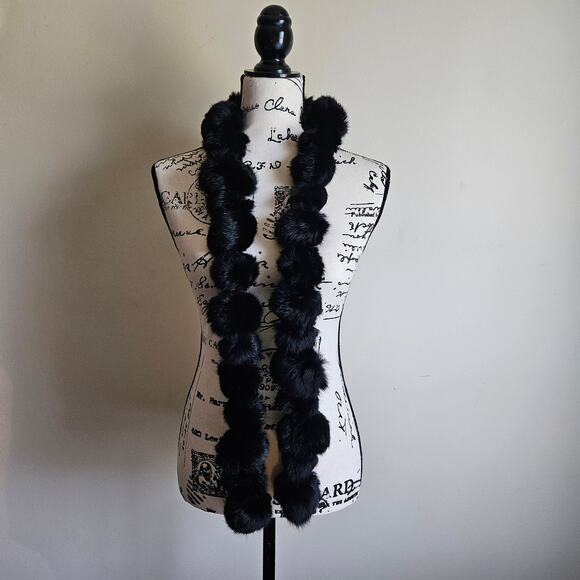 Black Rabbit Fur PomPom Scarf - Gorgeous - Picture 1 of 3